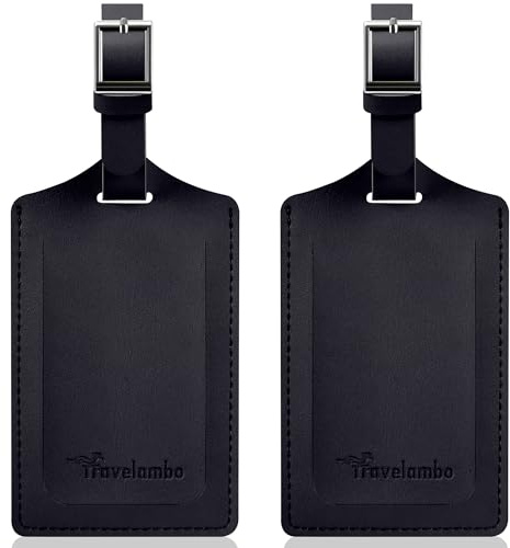 Travelambo Luggage Tags for Suitcases Faux Leather Privacy Protection 2 Pack Bag Tags Travel Accessories Essential, Black