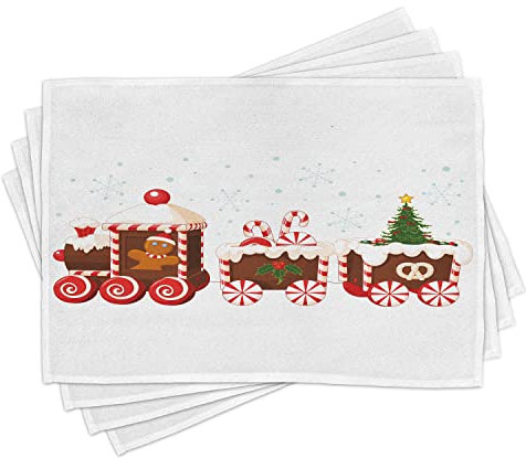 ABAKUHAUS Weihnachten Platzmatten, Lebkuchen-Zug, Waschbare Stoff Esszimmer Küche Tischdekorations Digitaldruck, Weiß Braun Vermilion