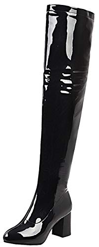 LUXMAX Donna Stivali Alti sopra Il Ginocchio Tacco Alto Blocco in Vernice Scarpe Tacchi con Cerniera Moda (Nero) - 44 EU
