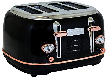 CHARLES BENTLEY Toaster, 4 Slice Toaster, Stainless Steel, Browning Control Dial with 6 Levels, Black & Gold, Crumb Tray, Cancel, Defrost, Reheat Settings, Cord Storage, Loading Handle (32x29x19cm)