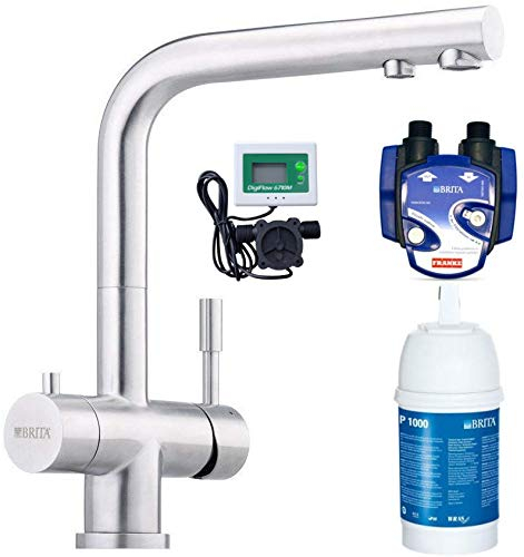 Franke Wellfresh 110-3 vie Rubinetto a L in acciaio inox massiccio con filtro britannico P1000 e rubinetto igiflow da cucina, miscelatore per lavello, miscelatore a tre vie