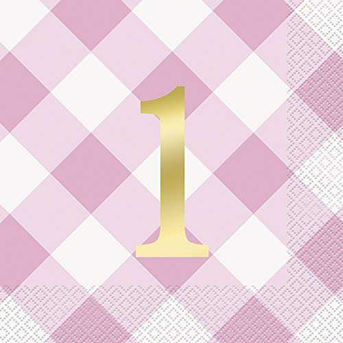 Pink Gingham 1st Birthday Luncheon Napkins (8cm x 18cm) - Deluxe Foil Stamped Design - Perfect for Celebrating Your Little One's Special Day - 16ct