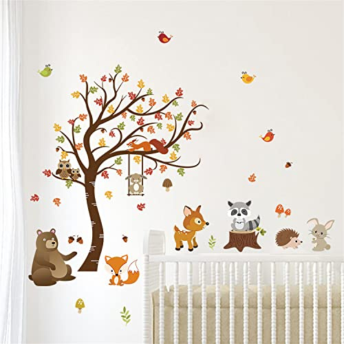decalmile Wandtattoo Baum Waldtiere Wandaufkleber Hirsch Fuchs Eule Wandsticker Babyzimmer Kinderzimmer Schlafzimmer Wohnzimmer Wanddeko (H: 79cm)