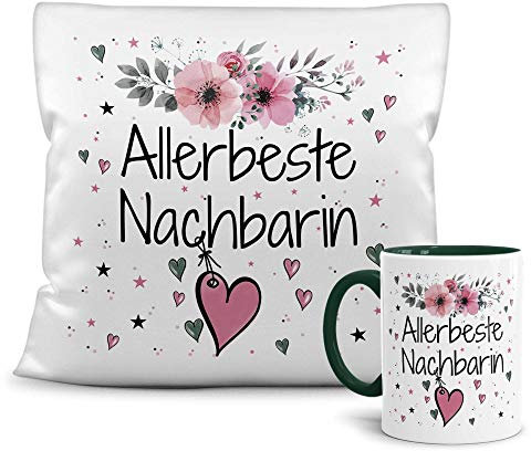PR Print Royal Geschenk-Set aus Tasse und Kissen mit Füllung - Allerbeste Nachbarin - Persönliche Geschenkidee für Beste Freunde, Verwandte und Familie - weiß/dunkelgrün
