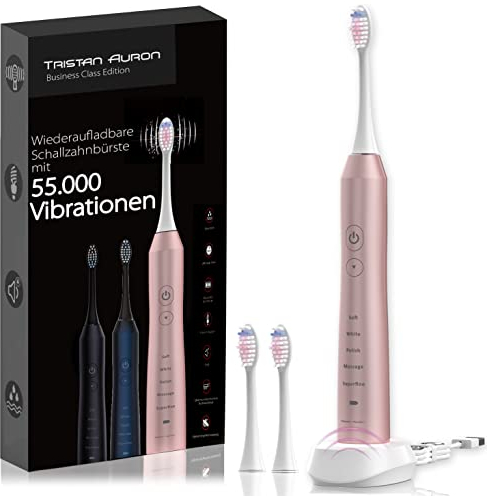 Schallzahnbürste mit 55.000 VPM - 60 Tage Akku - 5 Putzmodi - IPX7 Wasserdicht - Tristan Auron elektrische Zahnnbürste (Pink)