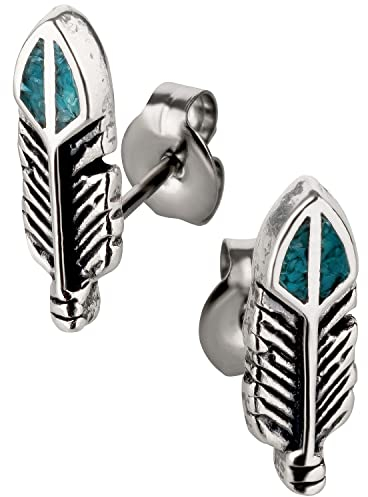 Ohrstecker Ohrringe Feder Silber 925 Sterling Türkis Inlay als Ohrschmuck mit kleiner Schmuckbox - 7K - Indianer Schmuck Geschenke für Damen, Mädchen, Jungen, Kinder und Herren