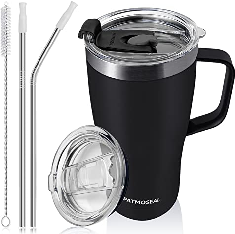 patmoseal Insulated Travel Mug with Handle Straw & 2 Spill-Proof Lids, Thermal Cup Coffee Tumbler Tea Flask for Hot Cold Drinks 600ml/20oz (Black)