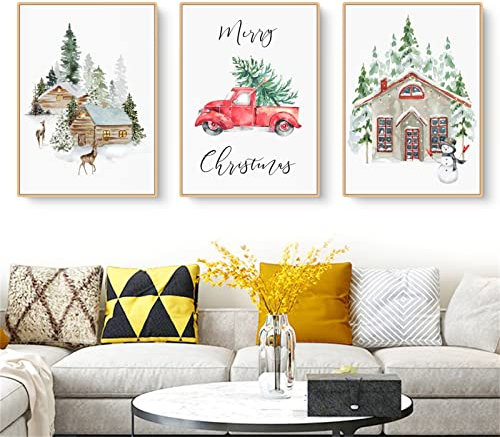 Martin Kench 3er Weihnachts-Poster Set, Winter Bilder, Elch, Holzhaus, Wald Wandkunst Wandbilder Modern Wanddeko für Wohnkultur, Ohne Rahmen (A,50x70cm)