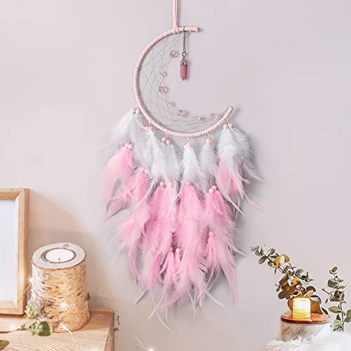 Dremisland Mond Traumfänger Handgemachte Rosa Federn Boho Traumfänger Makramee Wandbehang Türkis Anhänger Ornament Weihnachten Dreamcatcher Wanddekor Craft Geschenk, Kein Licht