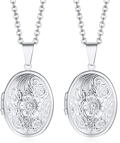 Weenkeey 2 pezzi ovale medaglione collana che contiene immagini in acciaio inox ovale medaglione collana ciondolo memoria foto collana per le donne ragazze - stile 2 argento