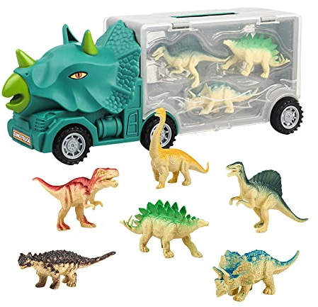 ALEENFOON Dinosaurier Transport LKW Spielzeug für Kinder, Triceratops Fahrzeugträger Auto Dinosaurier Figuren Dinosaurier Spielzeug für 3 4 5 6 7 8+ Jahre Alte Jungen Mädchen Kinder Geschenke