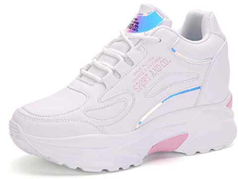 MIXSEN Scarpe da Ginnastica con Zeppa Interna da Donna Sneakers Alte con Zeppa Leggere Casual Plateau Alta 8 CM(Bianco-Rosa,36)