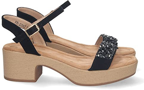 73123-Sandalia de Tacon y Plataforma, para Mujer, Comoda, Pala con Decorado de Piedras, Talon Abierto, y Cierre de Hebilla en el Tobillo. Talla 40 Negro