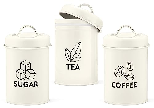 Homikit Tea Coffee Sugar Canisters Set of 3, Metal Food Storage Jars with Airtight Lids, Decorative Kitchen Storage Tins for Farmhouse/Countertop Décor, Sturdy & Easy To Clean, Retro Design - Cream