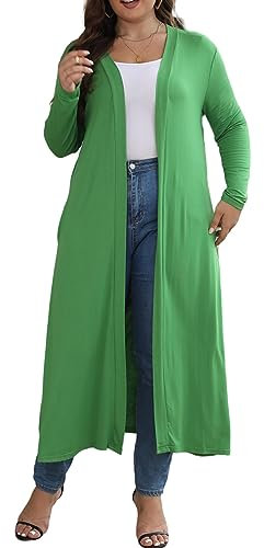 HJJPWW Cardigan da donna, taglie forti, lunghezza fino al pavimento, aperto sul davanti, drappeggio, leggero, a maniche lunghe, maxi spolverino con tasche, 1X-5X, Verde, 5X