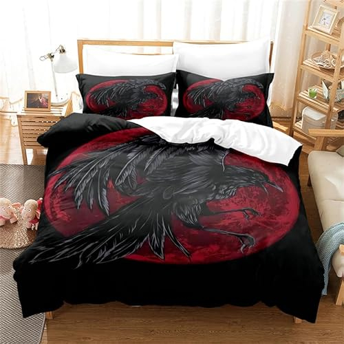 Bettwäsche 200x200 Odin Krähe Kinderbettwäsche 3 Teilig Wikinger Mythos Odin Krähe Bettbezug - Bettwäsche-Sets 200x200 Mikrofaser Luxus Modern mit Reißverschluss und 2 Kissenbezug 80x80cm, 110 g/m²