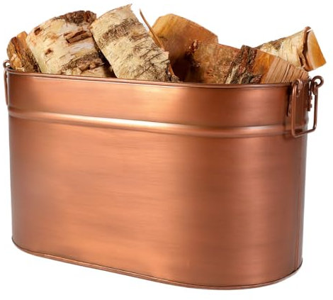 Copper Kindling Bucket Wood Basket - Vintage Style Recycled Metal Multi Use Coal Scuttle Kindling Basket Log Store Fire Bucket - Traditional Fireplace Accessories (Small)