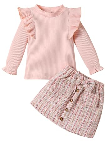 Qiraoxy Baby-Mädchen-Kleidung Langärmeliges Oberteil + A-Linie Plaid Rock Set Kleinkind Mädchen Mode Kleidung 2Pcs Outfits Set 1-6 Jahre