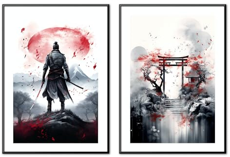 MJ-Graphics | Poster Set Japan Samurai Temple Wohnzimmer & Schlafzimmer | 2x Din A2 300g Qualitätsdruck | Meditation Zen | Rot-Weiß Wanddeko ohne Rahmen