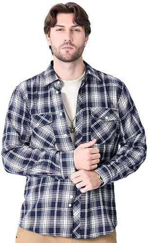 Iris Sprite Chemises à Carreaux pour Hommes Chemise à Carreaux en Flanelle Chemise décontractée à Carreaux Casual Manches Longues avec Poches(M503-Bleu Marine, L)