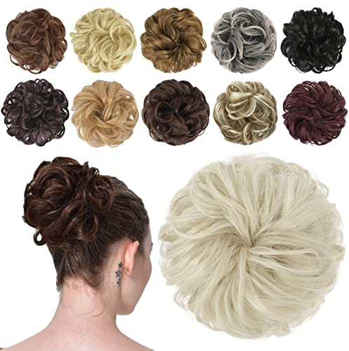 FESHFEN Haarteil Mit Gummiband, Dutt Haarteil Haargummi Mit Haaren Gelockt Haardutt Synthetisch Haar Haarverlängerung Pferdeschwanz Haarteile für Damen Mädchen, Ash Platinum Blonde 42g
