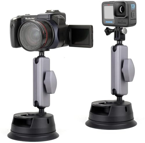 YALLSAME 360° Rotation Suction Cup Camera Mount with 1/4'' Ball Head&Phone Holder on Car Windshield Dash for Vlogging/GPS, Quick Release Car Mount for GoPro/Insta360/DJI Action Camera/DSLR/Cell Phone