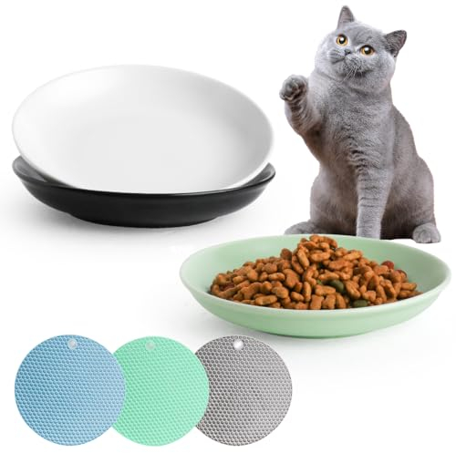 Quyimy Ceramic Ceramic Cat Food Bowl Set - 3 Pack Shallow Cat Dishes with 3 Non-Slip Mats, Stress-Free Whisker Fatigue Relief Bowls, Pet Food Dishes, White+Black+Green