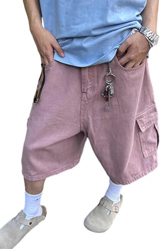 ORANDESIGNE Short Décontracté Homme Baggy Jorts Short en Jean Jean Déchiré Unisexe Y2K Grunge Hip Hop Pantalon pour Adolescent Streetwear Bermuda I Rose XS