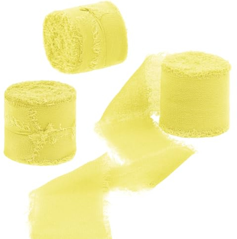 Uiopa 3 Rollen Chiffonband, Schleifenband Gelb 4cm x 15m Geschenkband Hochzeit, Fransenband Dekoband Stoffband für Geschenk, Basteln, Brautstrauß, Tisch-Deko, DIY Handwerk