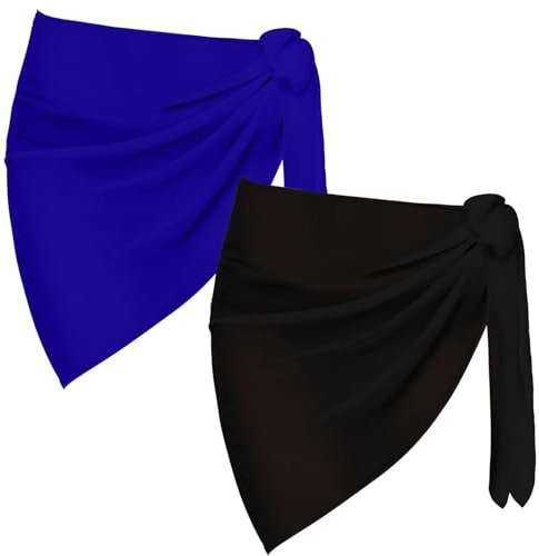 2 Pieces Sarong Coverups for Women Bathing Suit Wrap Swimsuit Skirt Bikini Swimwear Chiffon Cover Up Beach Accessories (A - Black+Royal Blue)