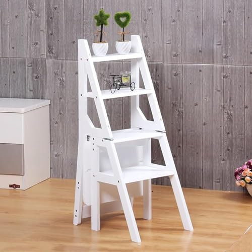Solid Wood Folding Ladder Chair, 4-Step White Library Ladder, Protable Convertible Folding Chair Step Stool Display Stand for Home Outdoor