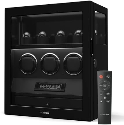 KLARSTEIN SecureTouch Watch Winder for 7 Watches – Automatic Watch Winder Box with Silent Japanese Motor, Fingerprint Lock, LCD Display, 41 TPD Settings, LED Lighting & Jewellery Drawer