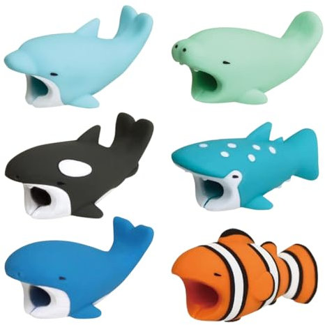 RAMGLYO 6er Kabelschutz Tiere, Charmante Datenkabel-Schützer in Form von Haien, Delphinen und Walen, PVC-Material, für die meisten Mobiltelefone und Tablets