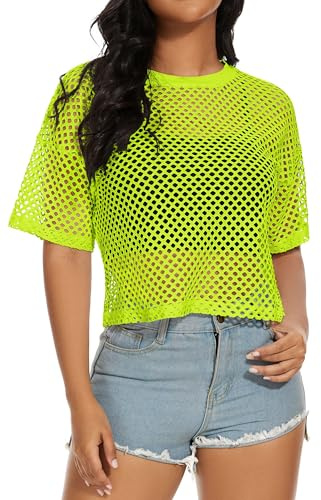 Mujer Fishnet Malla Tops Verano Transparente T Camiseta Manga Corta Blusa Sheer, verde neón, XL