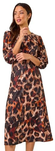 Roman Originals Women Gathered Chest Dress Ladies Stretchy Fit & Flare Swing Tea A Line Skater Knee Length Long Sleeve Midi Smart Casual Work Going Out Cocktail Party - Tan - Size 12