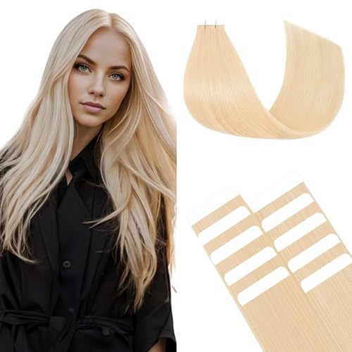 TESS Hair Extensions Tape In Human Hair Real Hair Invisible Thin Type 10 Pcs 15G Lightweight For Highlight Straight Long - #70 Ultra Platinum Blonde - 22 Inch