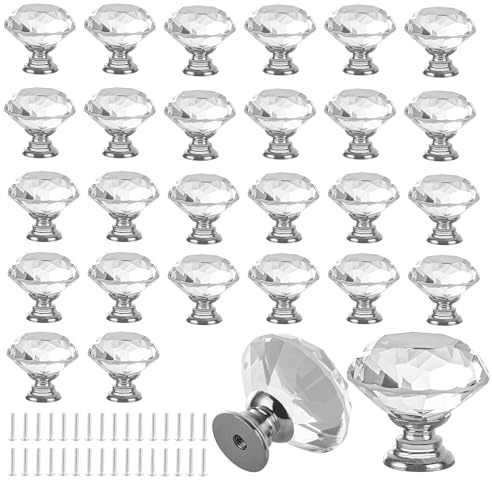 LOPYXBR 32 PCS Crystal Door Knobs 30mm Glass Door Knobs for Cupboards, Small Crystal Drawer Knob 30mm with M4 Screws, Crystals Doors Handles for Cupboards, Wardrobe, Sideboard, Drawer, Wardrobe Doors