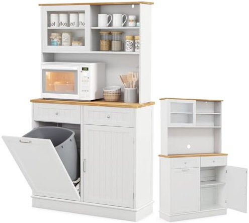 KOMFOTTEU Buffet Haut avec Support pour Poubelles, Colonne de Cuisine avec 2 Tiroirs & 2 Armoires à Portes, Meuble Rangementd de Cuisine, 100 x 34 x 172 cm, Plan en Bois Massif, Blanc