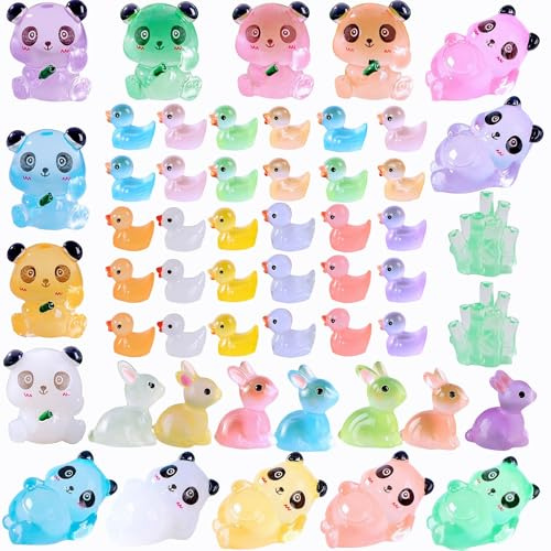 Yiqicomle Lot de 53 animaux en résine phosphorescents, minuscules animaux lumineux en résine, petits animaux phosphorescents, pandas, lapins, canards, pour maison de poupée, jardin, paysage,
