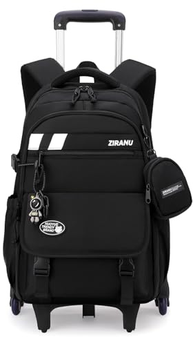 Tanou Trolley Rucksack für Jungen, 28L Schulranzen mit Rollen Schulrucksack Teenager, Abnehmbar Schultasche Trolley Jungen Herren mit Geldbörse und Anhänger, 6 Räder, Schwarz
