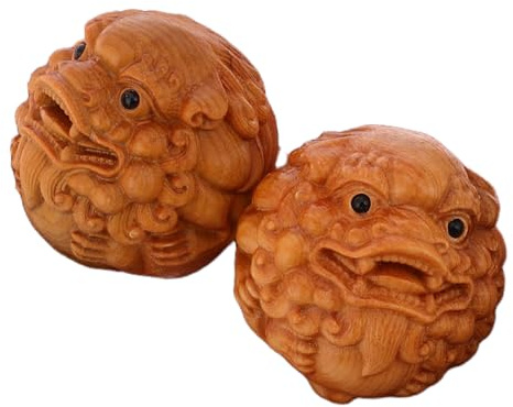 2 Stück Handmassagebälle, Handgefertigt mit Löwenkopf | Griff Stressball für Hände und Finger, Khakifarben, für Senioren, Kunstvolle Schnitzerei