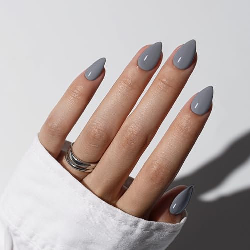 KQueenest Soft Gel Press on Nails Kurz – Sheer Grau Nägel zum Aufkleben Kurz Mandel, Einfarbig Fake Nails mit Kleber, Glänzend Natürlich Künstliche Nägel Set für Frauen, 30 Stück