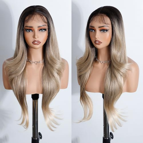 Style Icon Easy-360 Lace Wigs 28 inch Free Part Lace Frontal Wigs 13x4 HD Glueless Ombre Blonde Straight Layered Lace Front Wig for Women Synthetic Wig