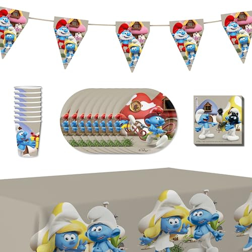 Anila's Party Set Smurfs, 38-Piece Set, Plates, Cups, Napkins, Disposable Tableware, Tableware Set