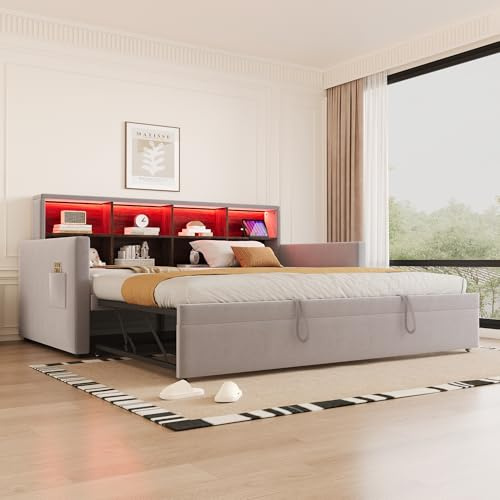 Kebnor Polsterbett Schlafsofa 90x190cm, Kopfteil mit integrierten Staufächern, LED-Lichtleiste und Ladesteckdosen, mit ausziehbarem Bett, Samtpolsterung (Hellgrau)