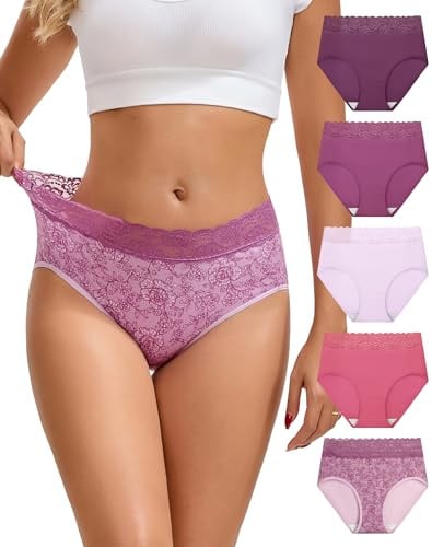 INNERSY Unterhosen Damen Baumwolle Slip Hohe Taille Panties Spitze 5er Pack | 100% Baumwoll Schritt, Damenunterwäsche Stretch, Weiche Taillenslip, Hohes Bein Damenunterhose, Pantys mit Spitzenbund Bequem