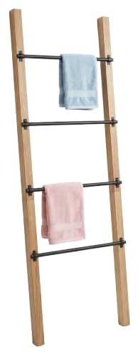 Relaxdays Handtuchleiter, 4 Sprossen, HxB: 160 x 55,5 cm, Natur/schwarz | Kiefernholz & Metall, Badezimmer, Wäscheleiter