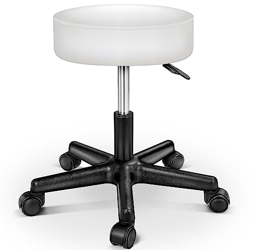 TRESKO Rollhocker höhenverstellbar Weiß | Drehhocker 10 cm Dicke Polsterung | Arbeitshocker 360° drehbar | Hocker
