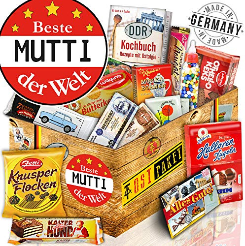 Beste Mutti - DDR Süssigkeiten Box Geschenkset mit 13 Ostprodukten | Kulinarische Zeitreise mit Kochbuch, Zetti Knusperflocken, Halloren-Kugeln und Grußkarte in edler Geschenkverpackung