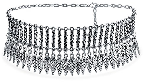Native American Style Bohemian Boho Coachella Festival Dangling Feather Wide Choker Necklace Western Jewelry For Women Teen Oxidized Silver Plated (oxidiertes Silber)